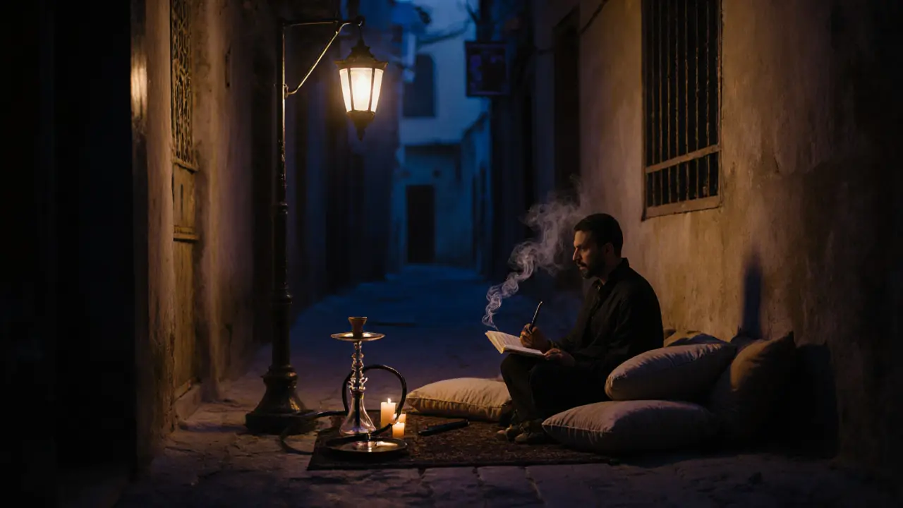 Cozy unmarked shisha lounge with soft lighting, vinyl records, and someone reading poetry in the quiet night.