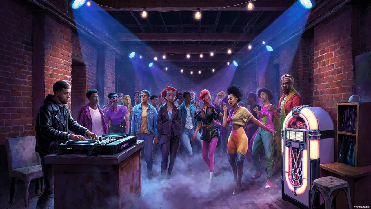 Diverse crowd dancing at Club Kali under industrial lights with a DJ spinning eclectic music.