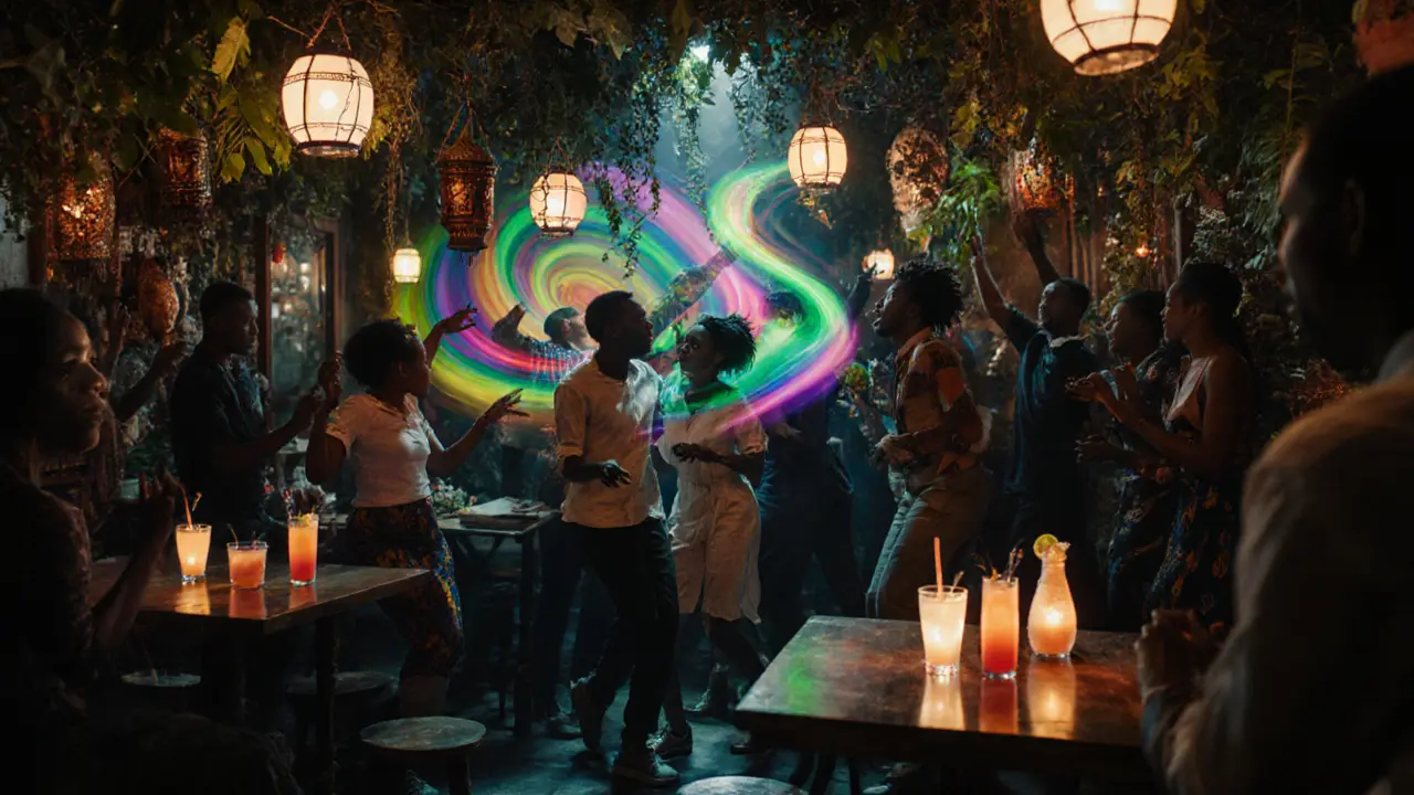 Eclectic crowd dancing amid lush plants and African decor in a unique, vibrant Parisian bar.