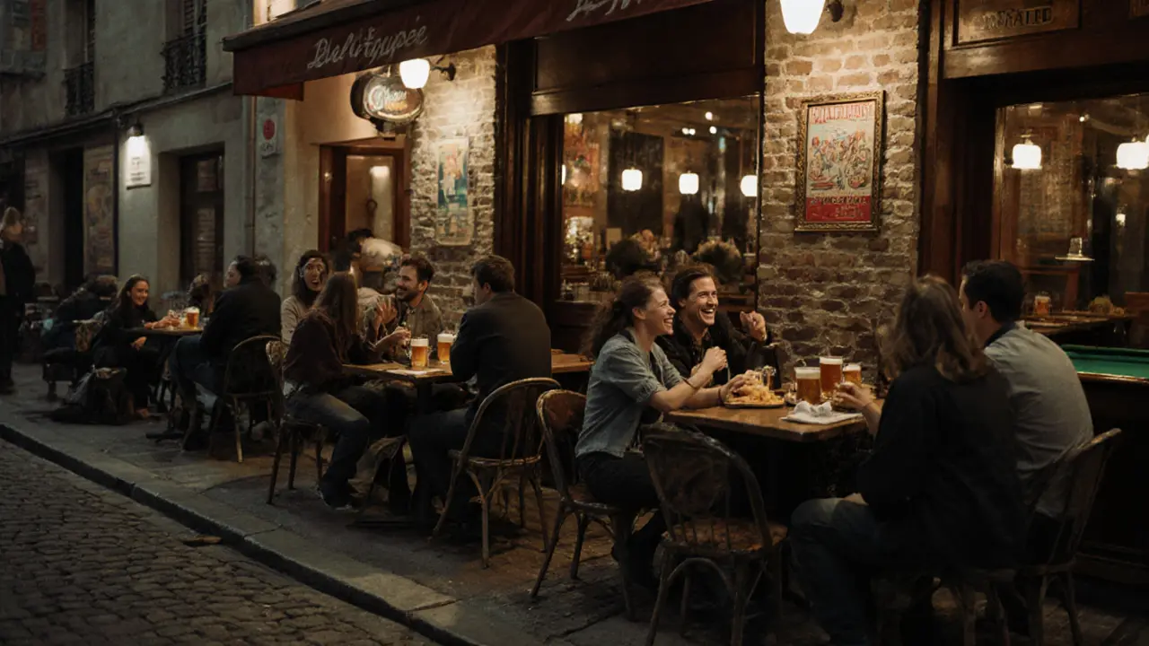 Friends laughing over beer and fries at a cozy, authentic Parisian neighborhood bar.