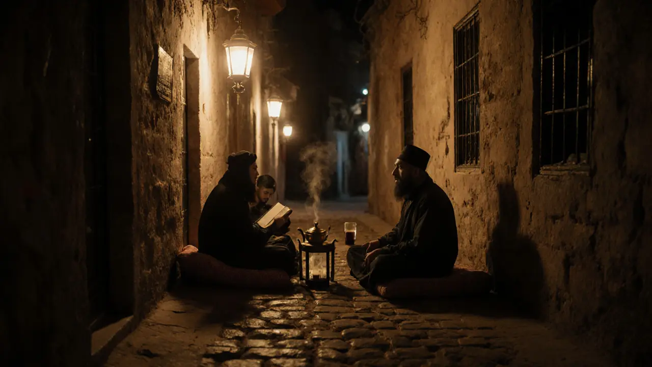 Hidden alleyway with lanterns, people listening to poetry over spiced coffee.
