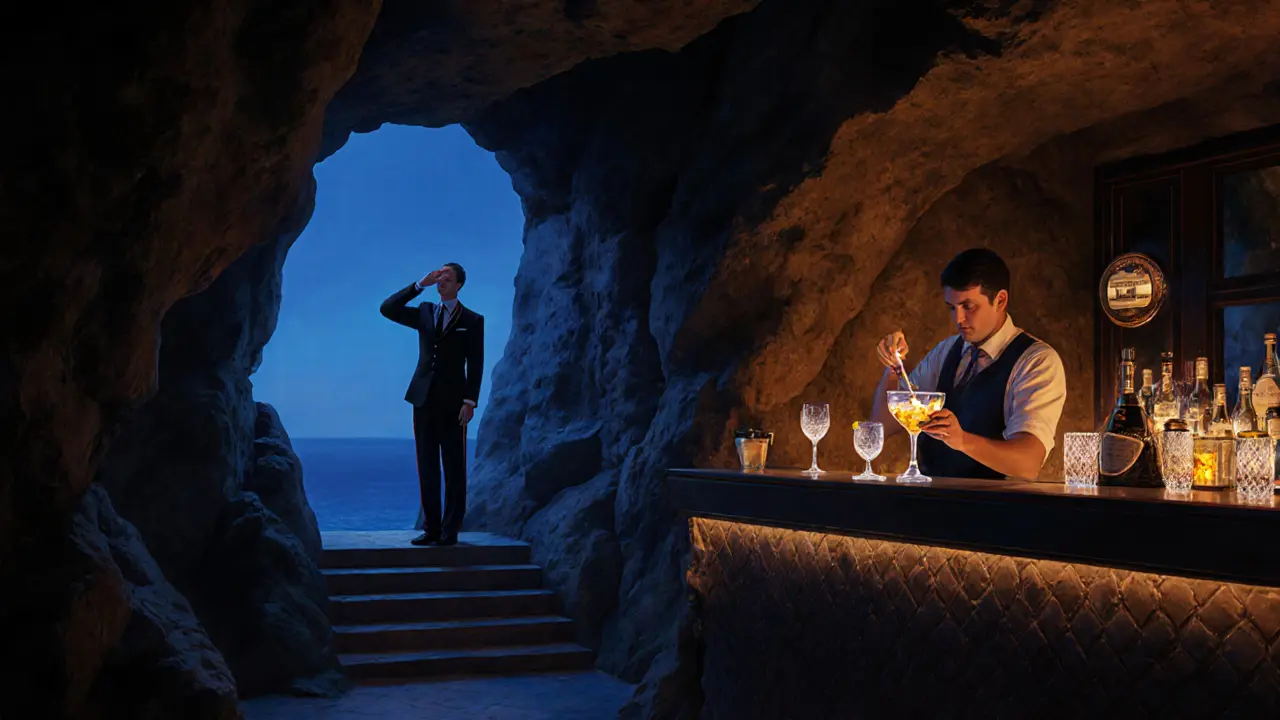 Hidden lounge in Monaco&#039;s rock face, bartender pouring golden cocktail, warm lighting, no signs or labels.