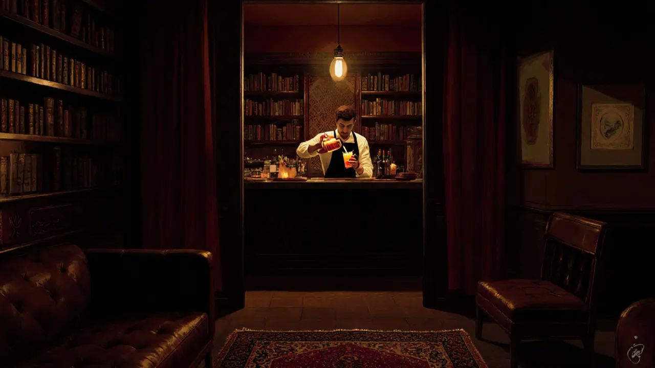 Hidden speakeasy bar behind a bookshelf, dimly lit with vintage decor and a signature cocktail being poured.