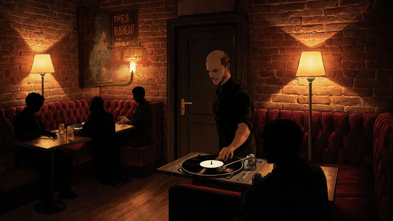 Hidden speakeasy with velvet booths and vinyl DJ, dim lighting, no signs or neon.