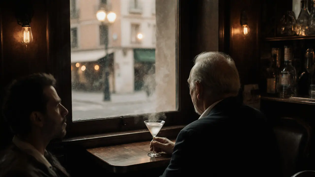 Il Baretto bar at dawn, single bulb lighting a quiet table as streetlights flicker outside.