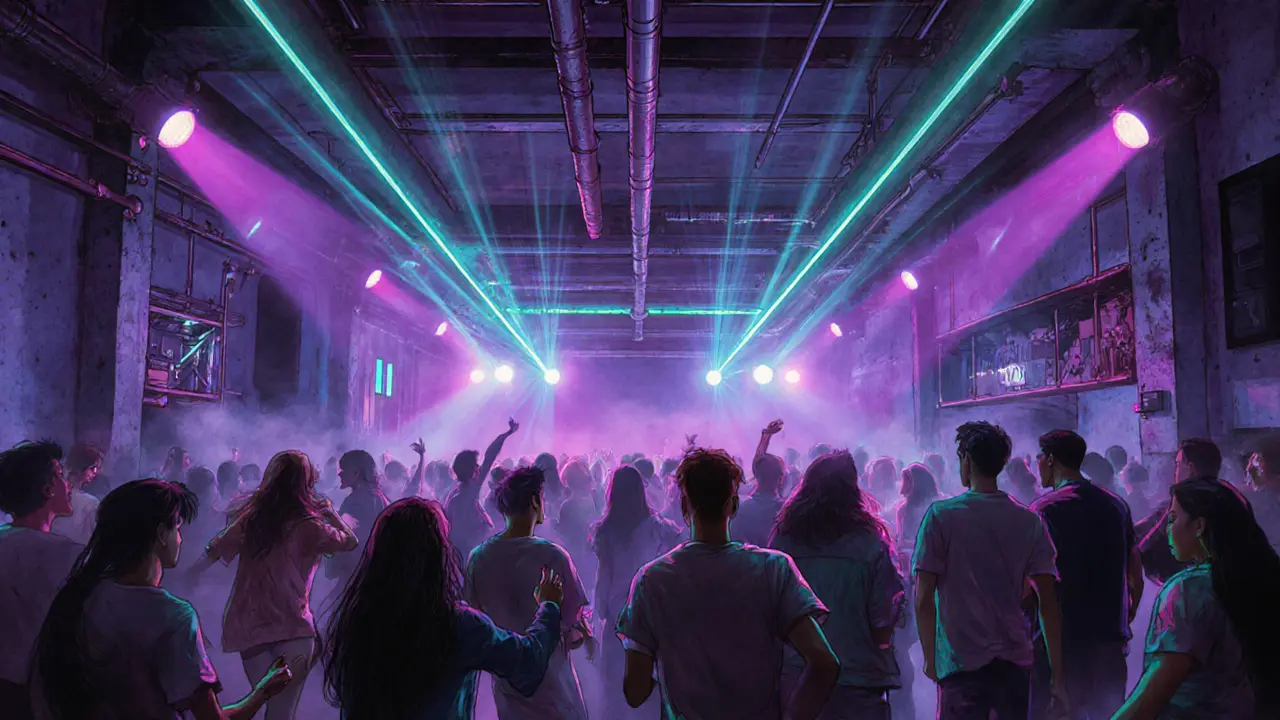 Industrial nightclub with vibrant crowd dancing to techno under neon and smoke.