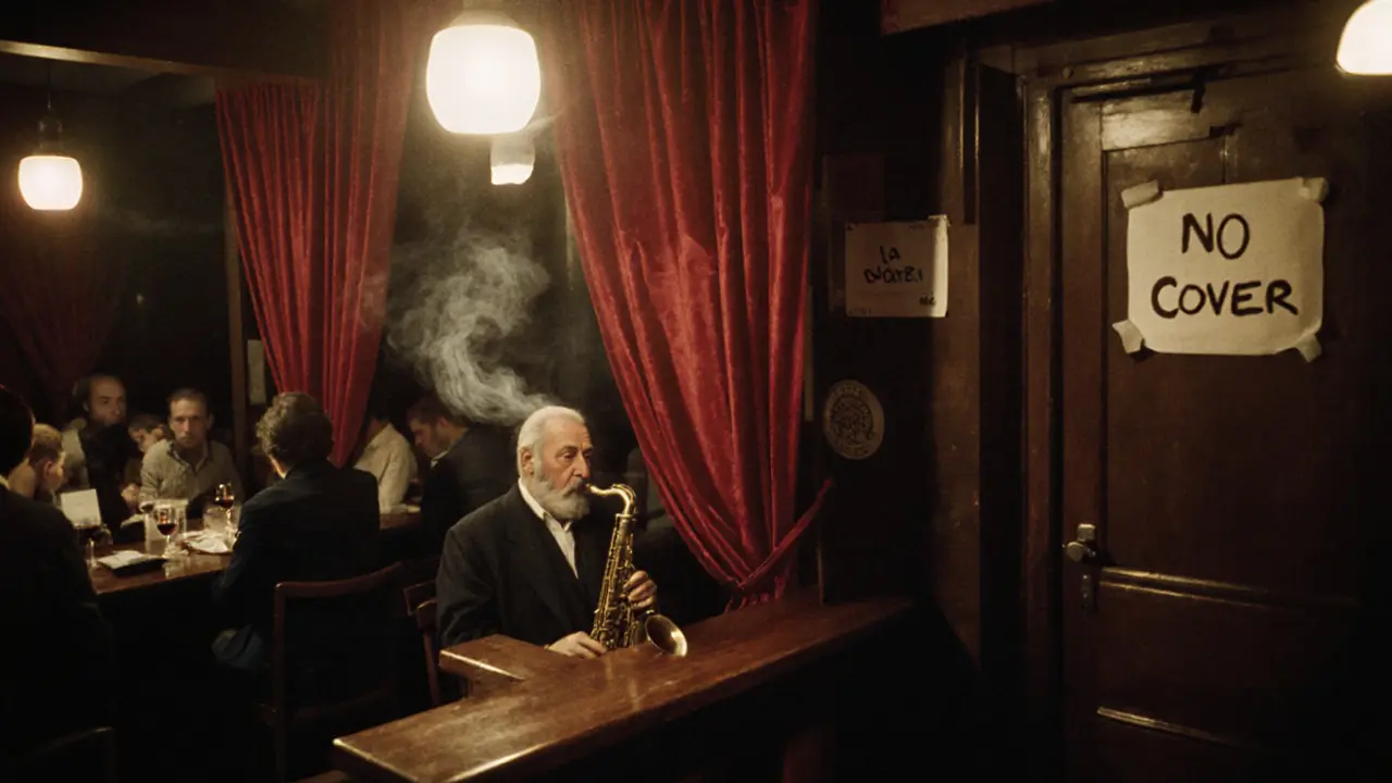 Intimate jazz bar with dim lighting, a saxophonist playing, patrons sipping wine, and a handwritten &#039;No Cover&#039; sign on the door.
