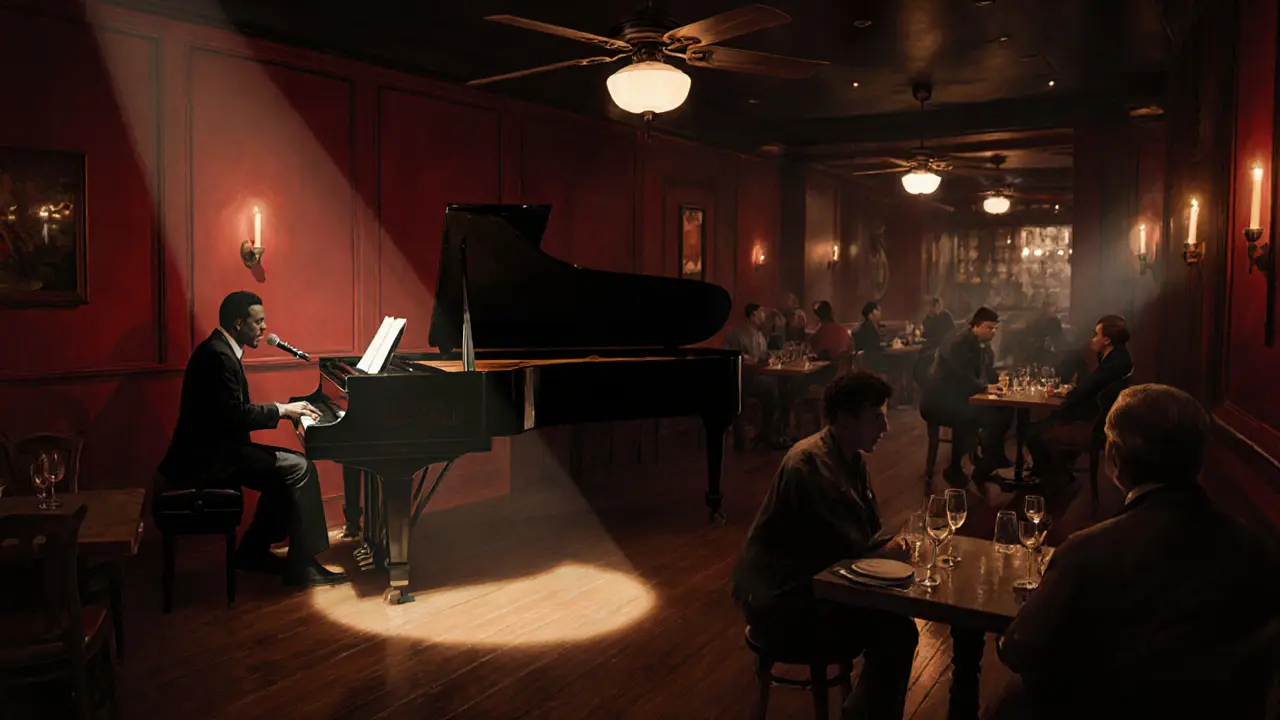 Intimate jazz performance in a dimly lit red-walled venue with patrons seated nearby.