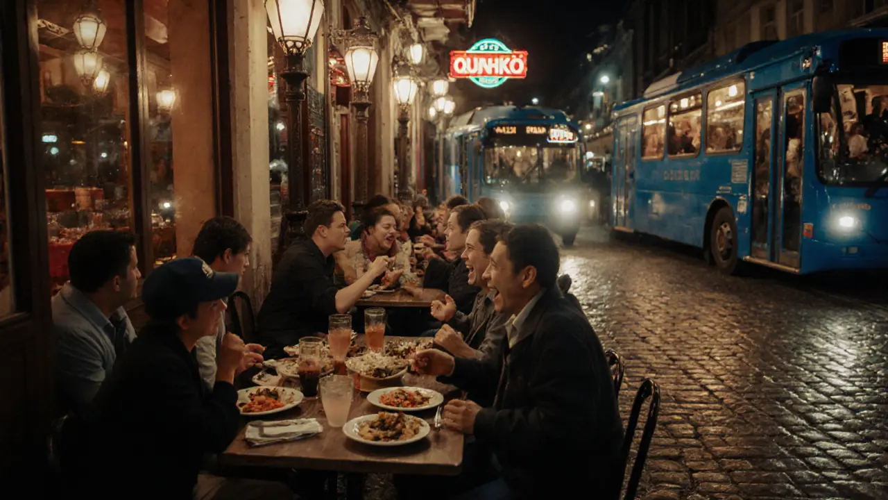 Late-night street scene in a historic passage, diverse people sharing food and laughter under warm lantern light.