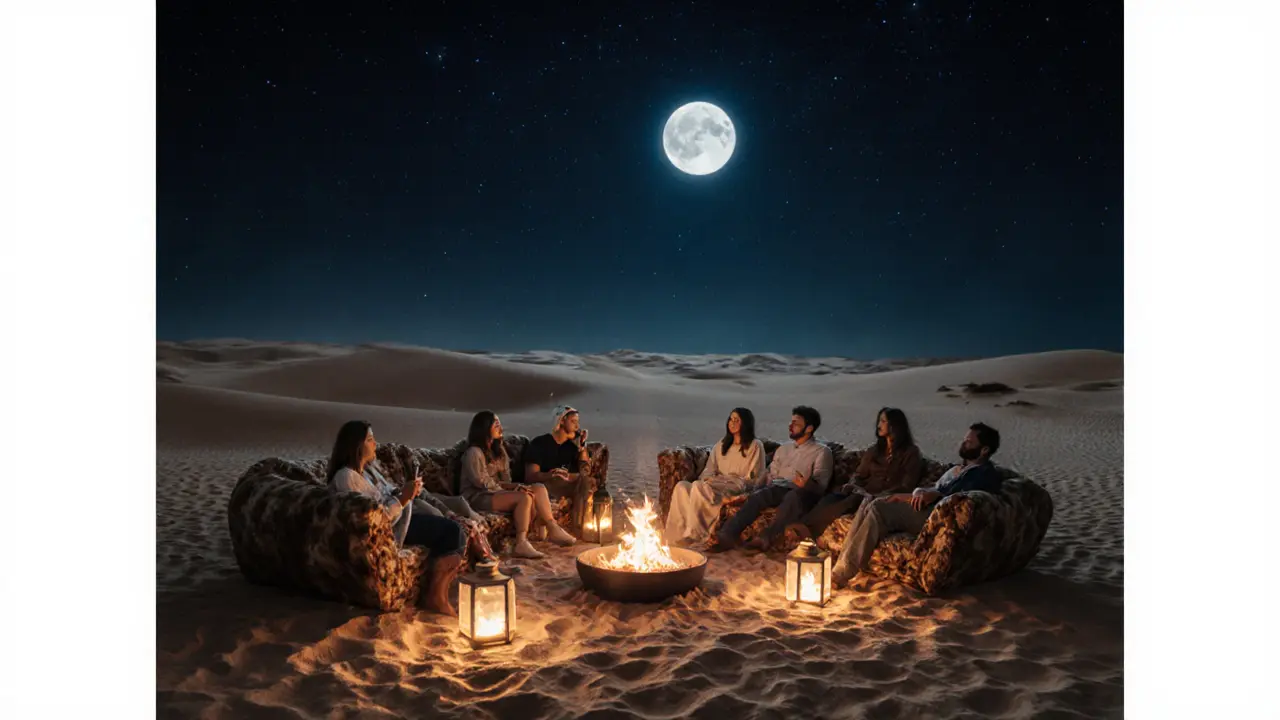 Moonlit desert party with fire pits, lanterns, and guests relaxing on couches under a starry sky.