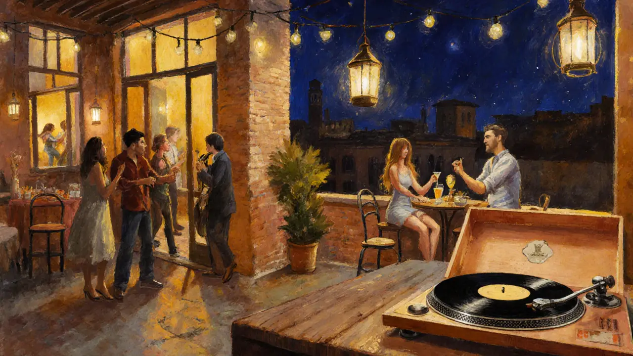 Officine del Sole at night, multi-level venue with string lights, vinyl records, and rooftop cocktails.