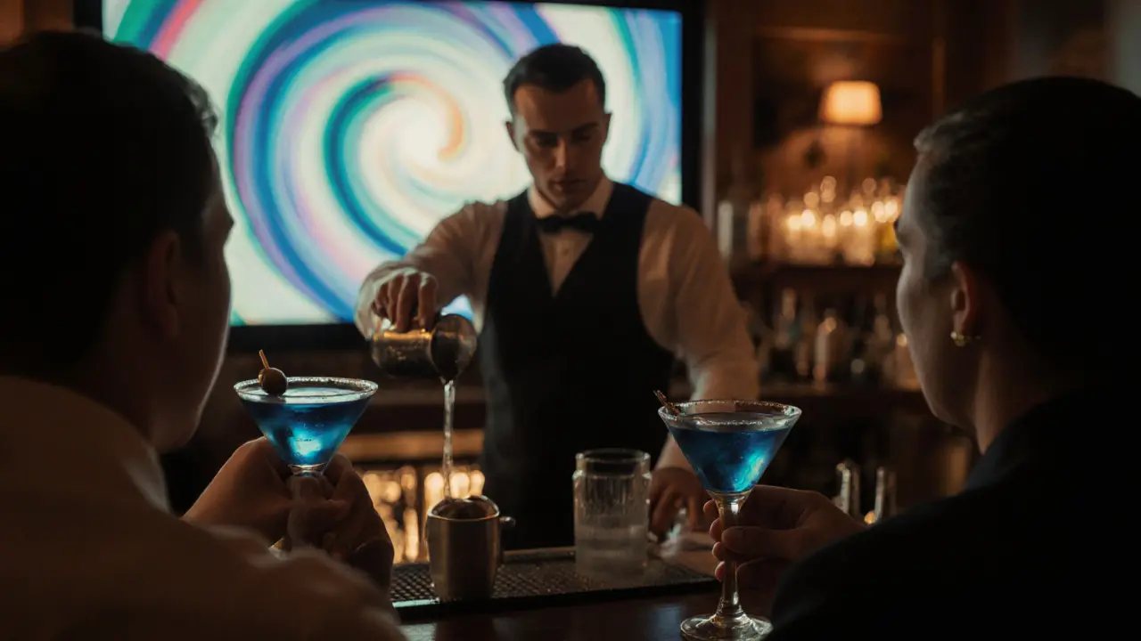 Patrons sipping cocktails while Vertigo plays on a bar-mounted screen in Soho&#039;s Movie &amp; Cocktails.