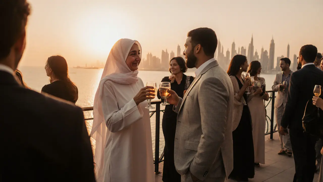 People socializing at a rooftop lounge in Abu Dhabi at sunset, elegant attire, skyline in background.