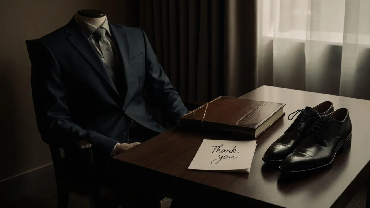 Polished shoes and a blazer beside a handwritten note on a table, symbolizing a respectful, memorable evening.