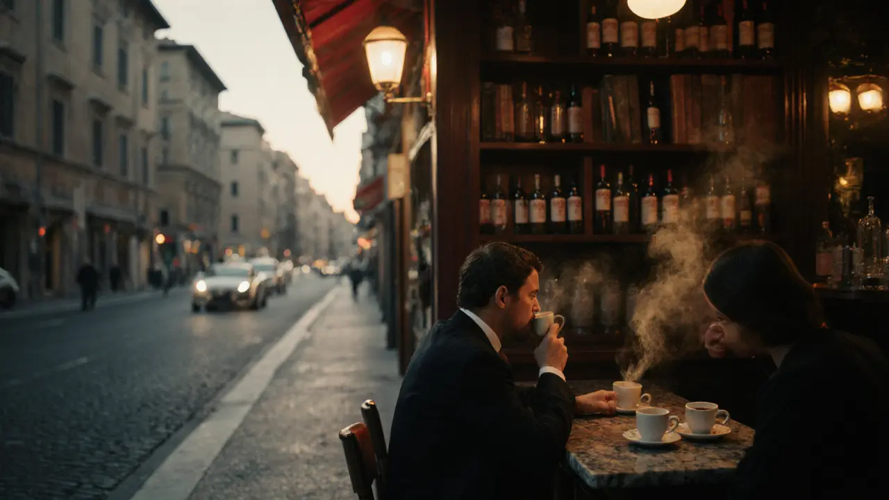 Quiet 4 AM coffee bar with two people sipping espresso as dawn breaks.