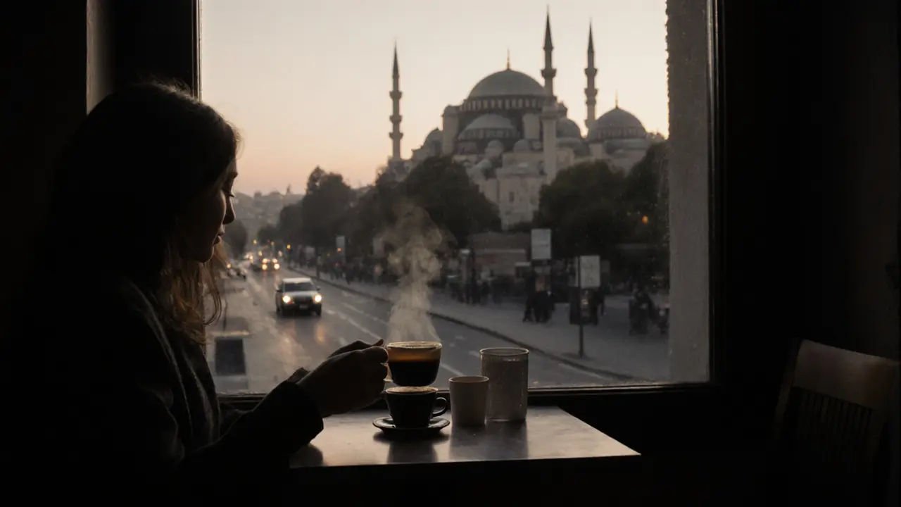 Quiet café at dawn with person drinking coffee as city wakes up and minarets glow in morning light.