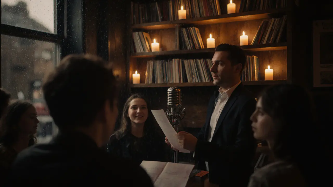 Quiet open mic night at Queer Bar with candlelight, books, and people listening to poetry.
