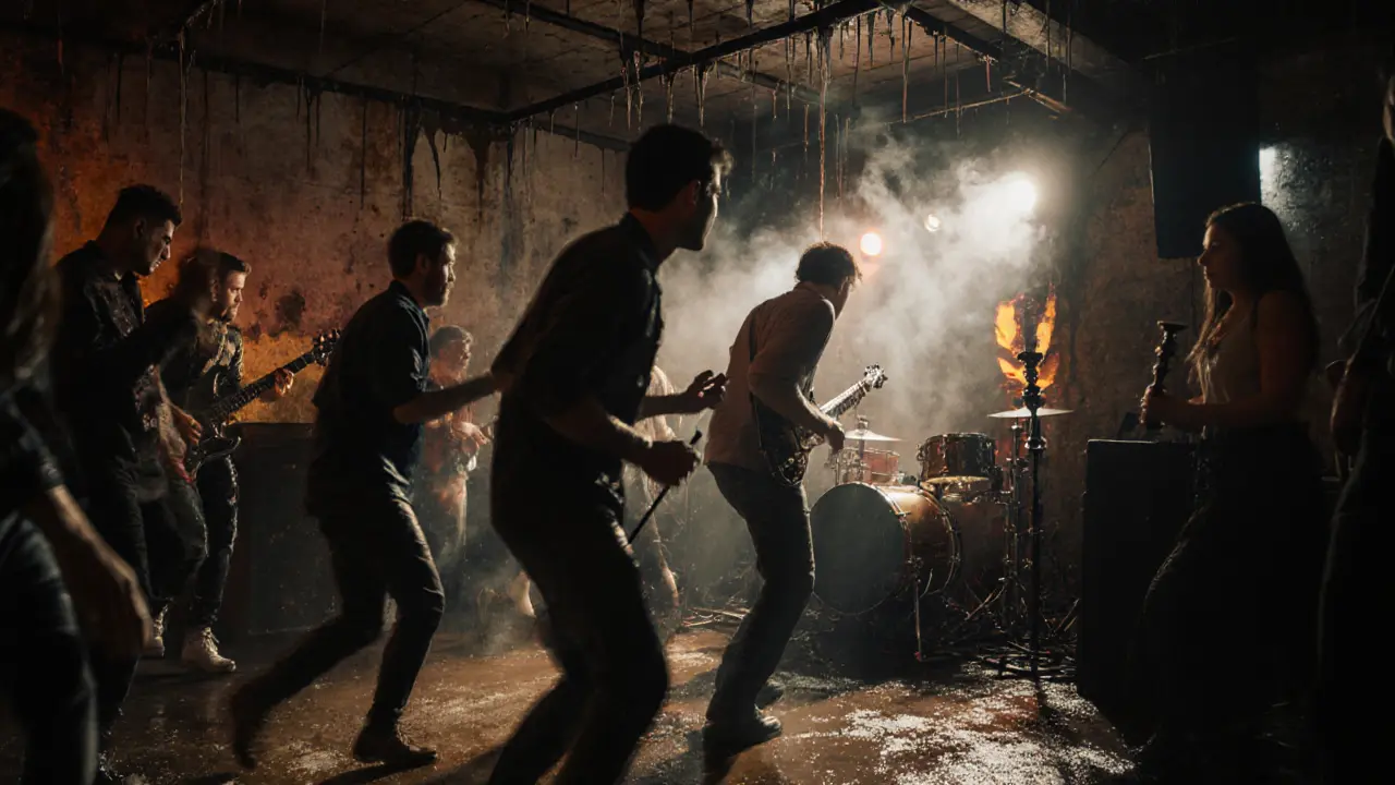 Raw underground club beneath Galata Tower with live music, dancers, and flickering lights in a gritty, smoky atmosphere.