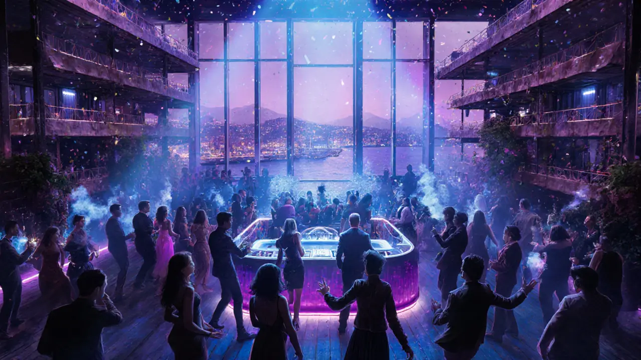 Reina nightclub with dancers, Bosphorus views, and rooftop party under colorful lights.