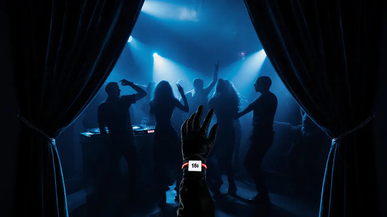 Secret room inside Le Palace, silhouettes dancing under strobe lights, velvet curtain slightly open, no phones visible.