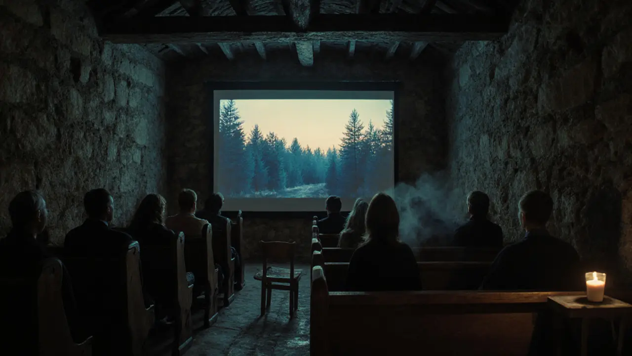 Silent attendees watching a contemplative film projected on a stone chapel wall.