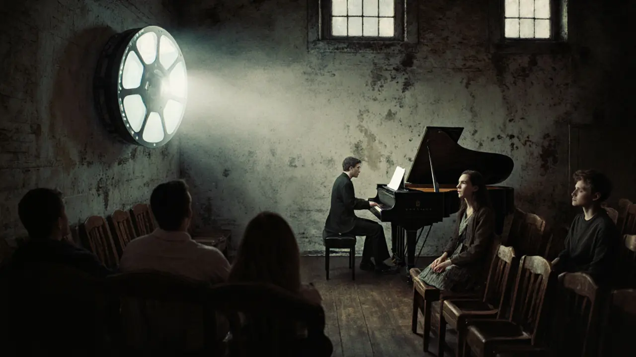 Silent audience transfixed by a 16mm film projection in the intimate Cinematek theater.