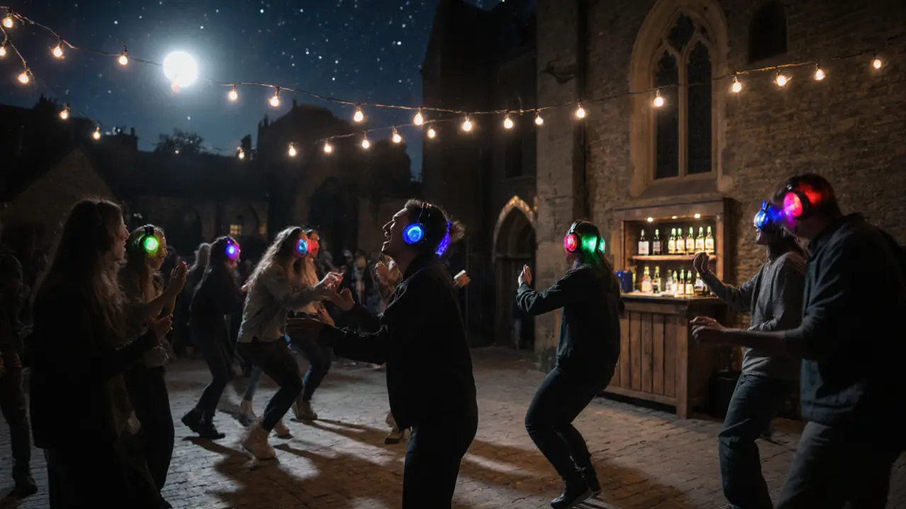 Silent disco in a quiet church courtyard with people dancing in headphones under string lights.
