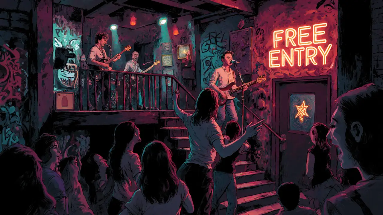 Small live music venue packed with dancers, a punk band playing, and people enjoying cheap drinks.