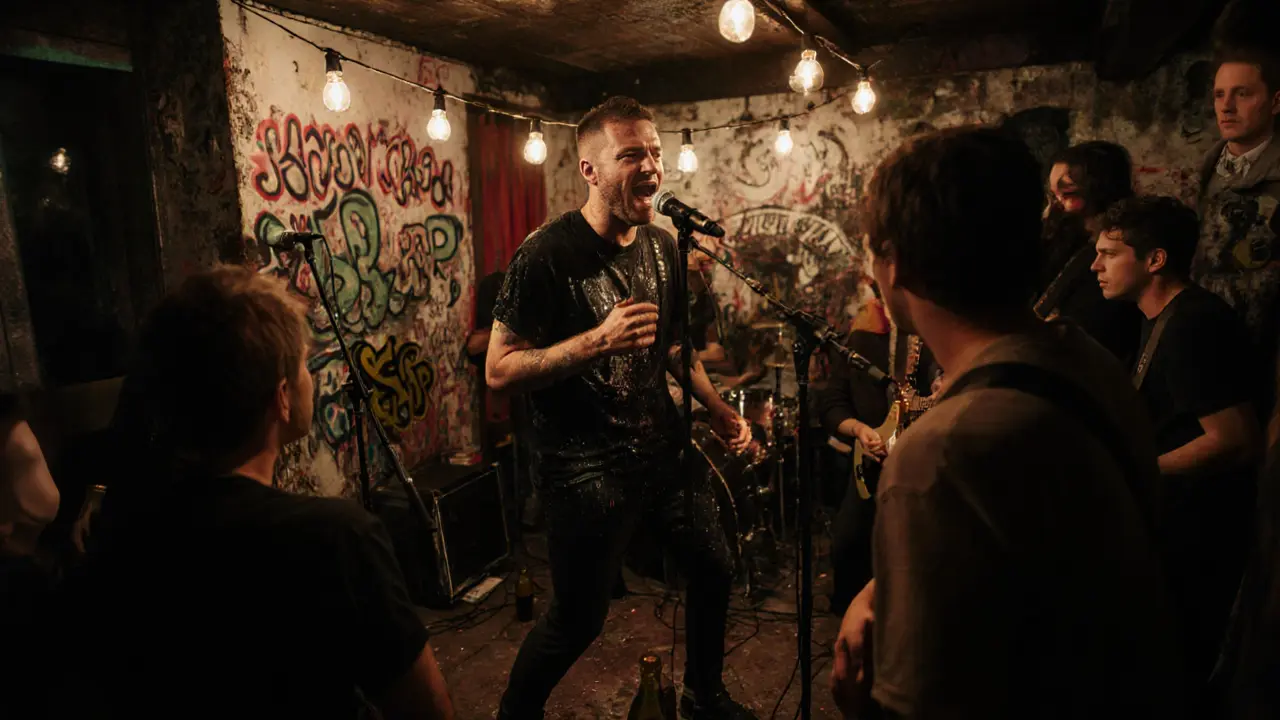 Small punk band playing on a cramped stage surrounded by close fans at The Windmill.