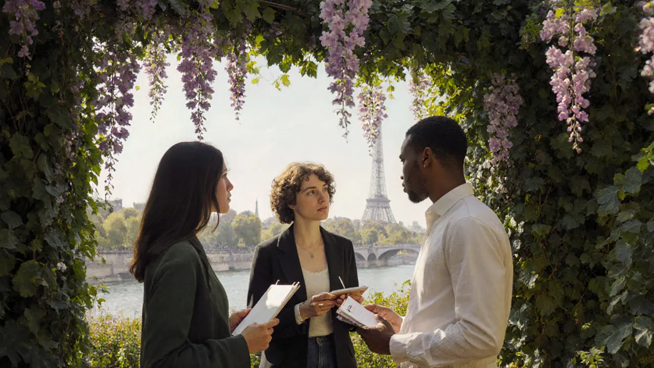 Three companions stand in a hidden garden near the Musée d&#039;Orsay, listening as one shares knowledge about art.