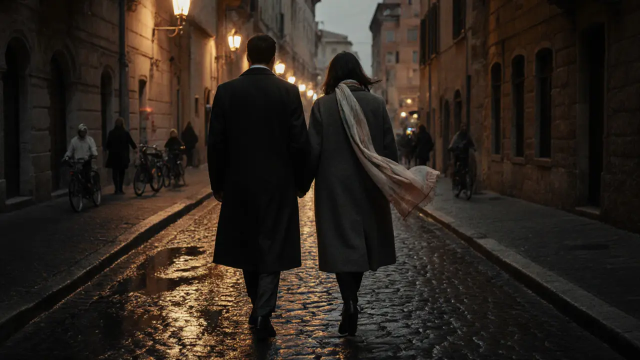 Two figures walking silently together along a cobblestone alley in Milan at night.