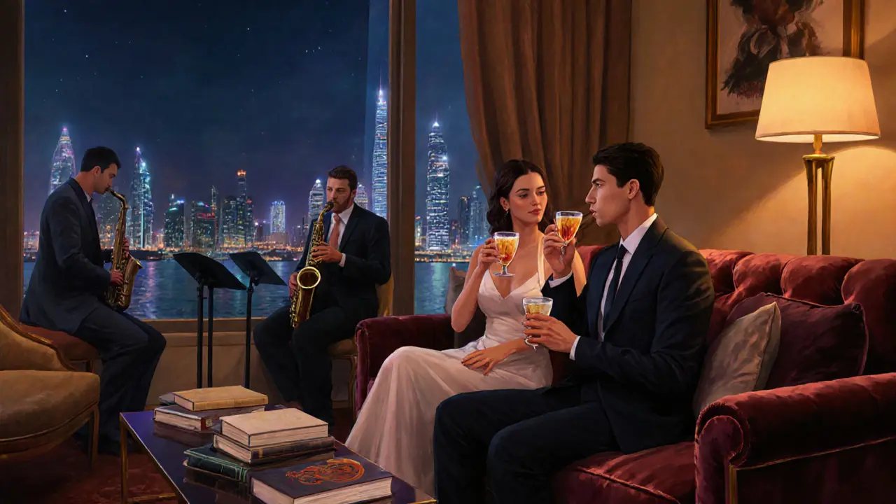Two people in a luxurious lounge in Abu Dhabi, enjoying drinks and live jazz with calm, respectful presence.