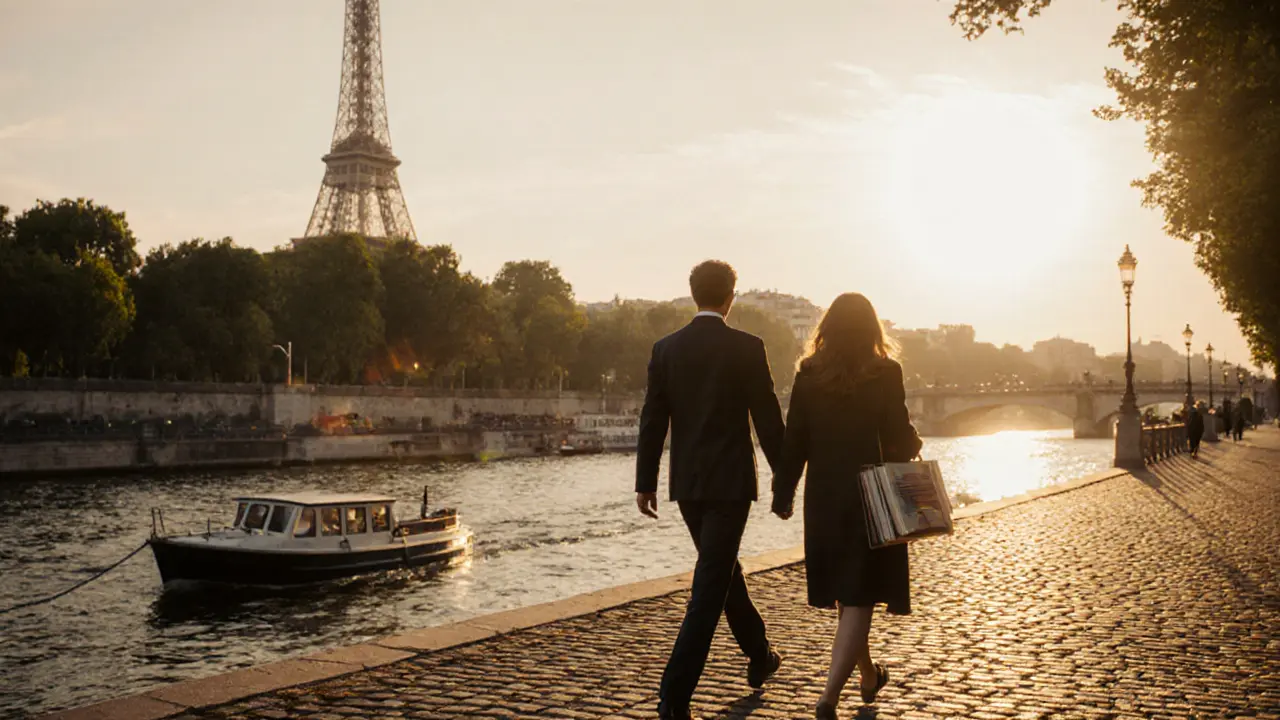 Two people walking along the Seine at sunset, Eiffel Tower visible in the distance, books in hand.