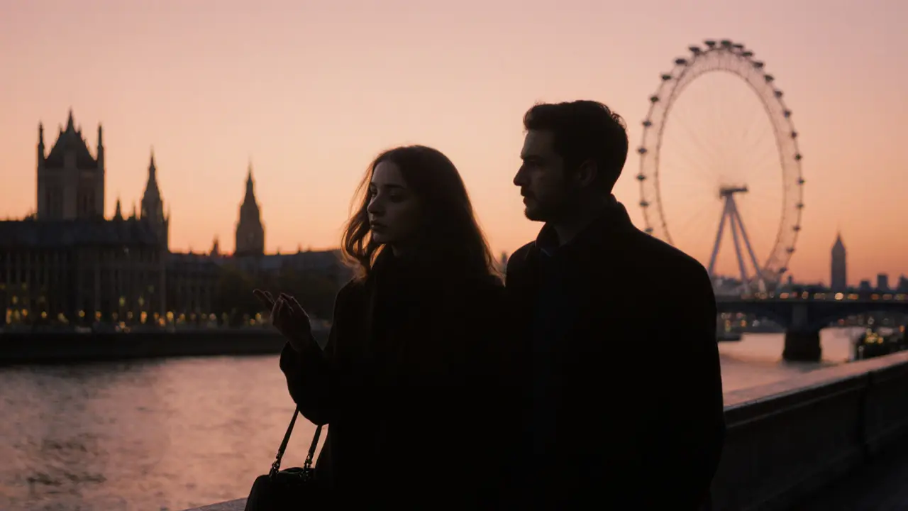 Two people walking peacefully along the Thames at sunset, silhouetted against a golden sky.