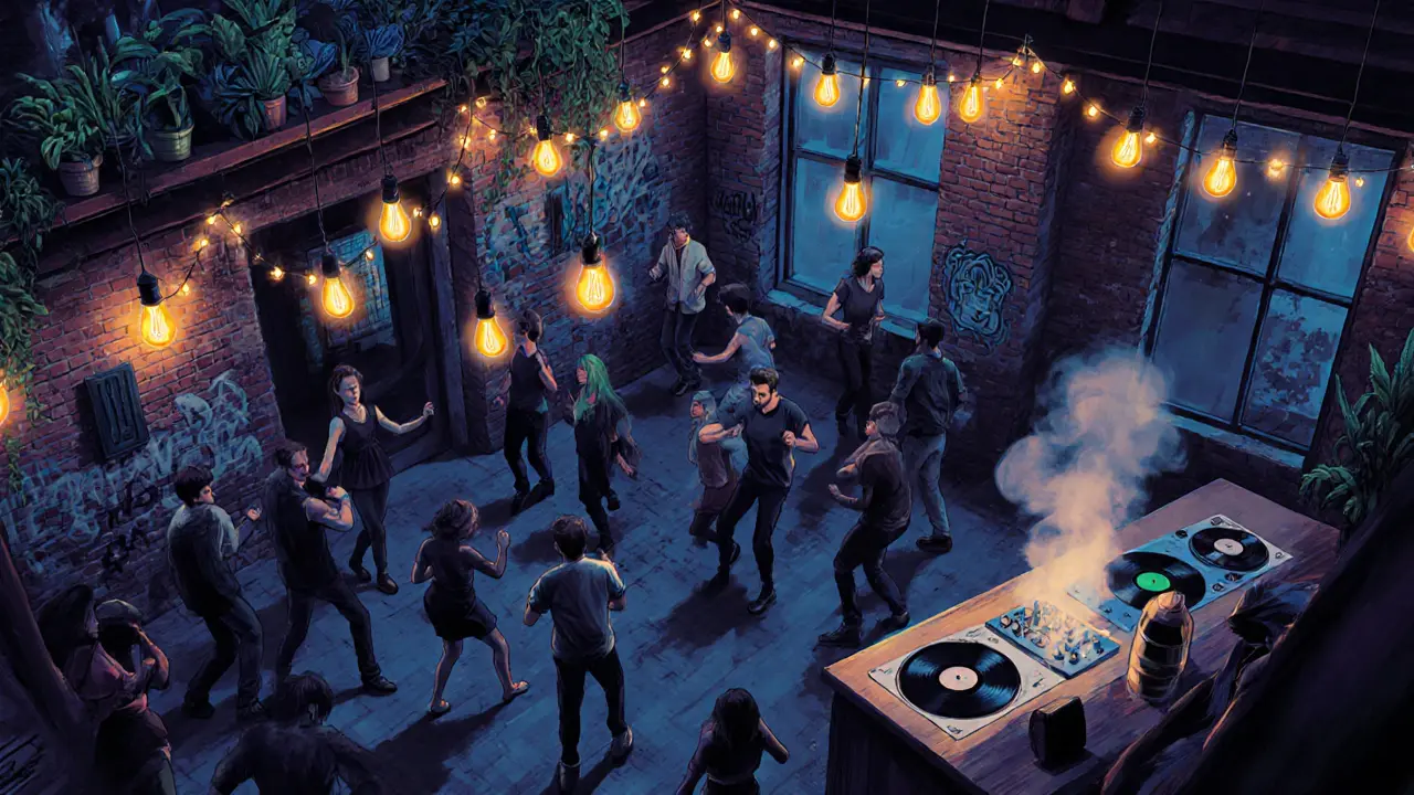 Underground club in Isola with exposed brick walls, rooftop garden, and crowd dancing under soft Edison bulb lights.