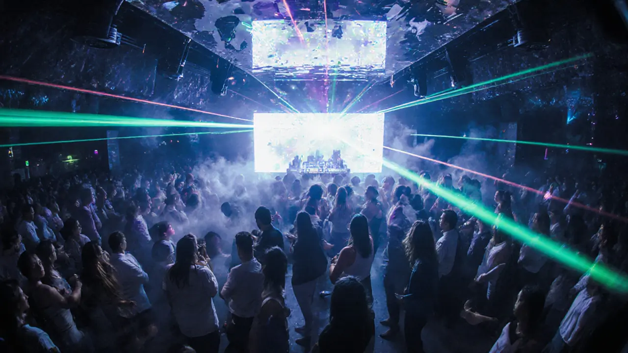 Vibrant nightclub scene at White Dubai with laser lights and dancing guests under a mirrored ceiling.