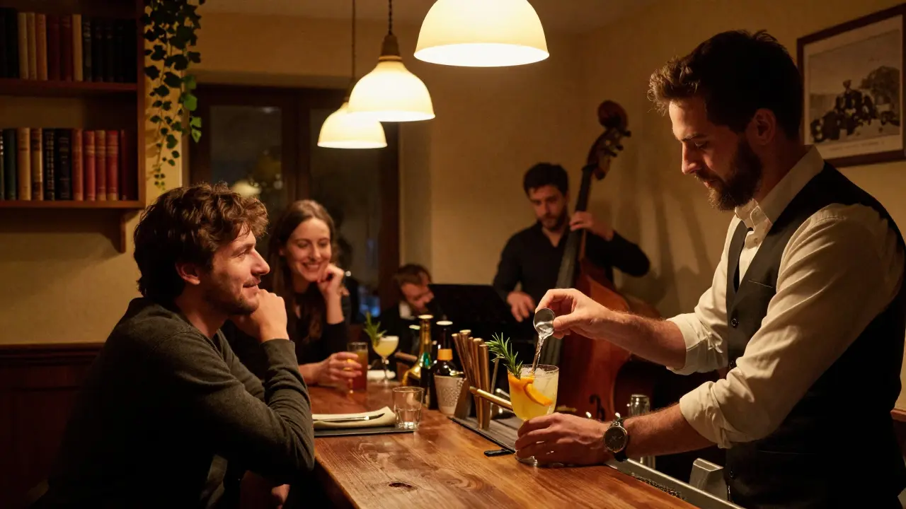 A bartender making a cocktail in a cozy hidden jazz bar, soft lighting, live music, intimate atmosphere with wooden tables and ivy.