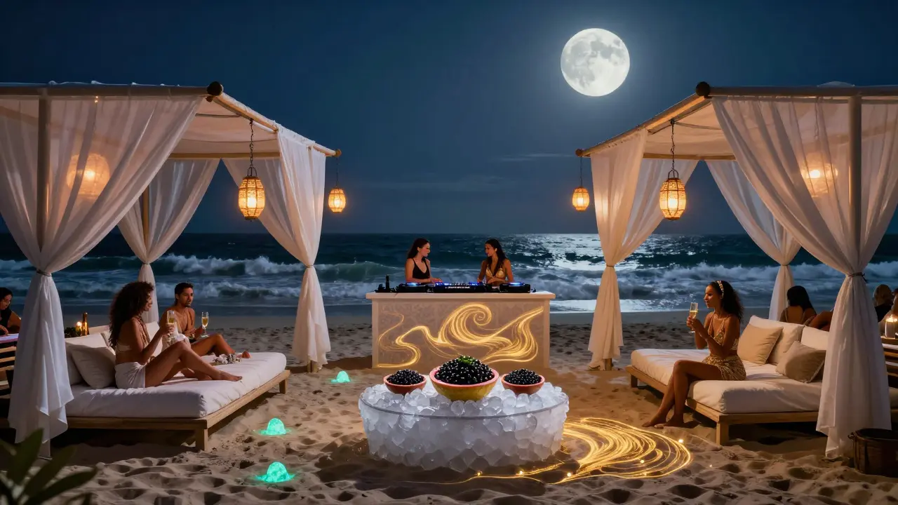 A beachside nightclub at midnight with floating lanterns, models on daybeds, and waves crashing behind the scene.