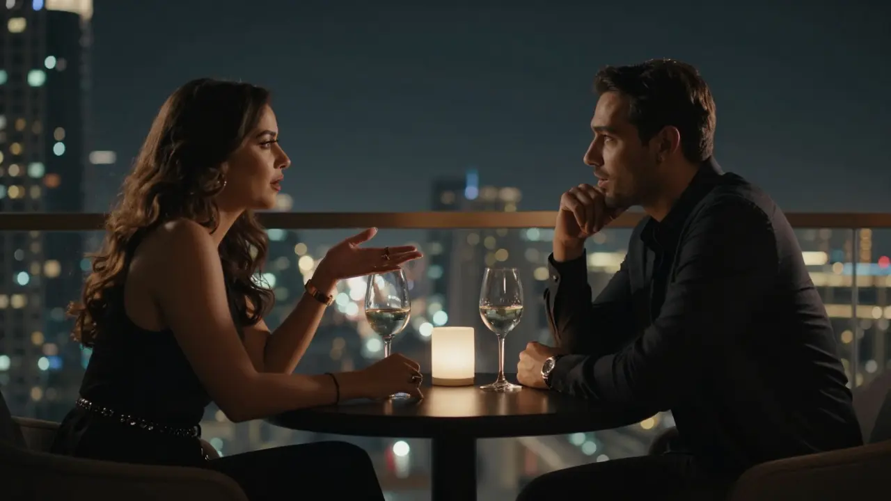 A client and escort having a quiet, respectful conversation at a rooftop lounge in Dubai at night.