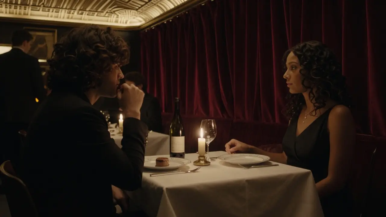 A couple dining in a hidden back room at night, illuminated by candlelight with elegant tableware.