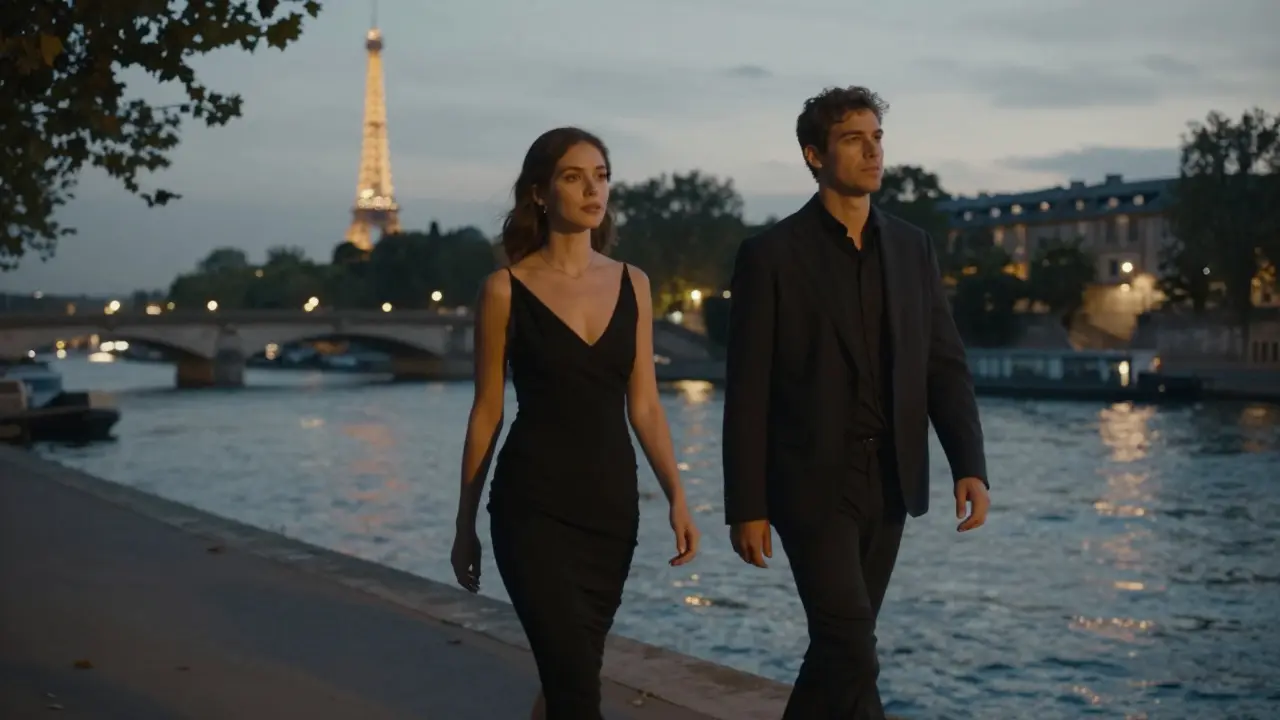 A couple walks silently along the Seine at twilight, the city lights reflecting on the water.