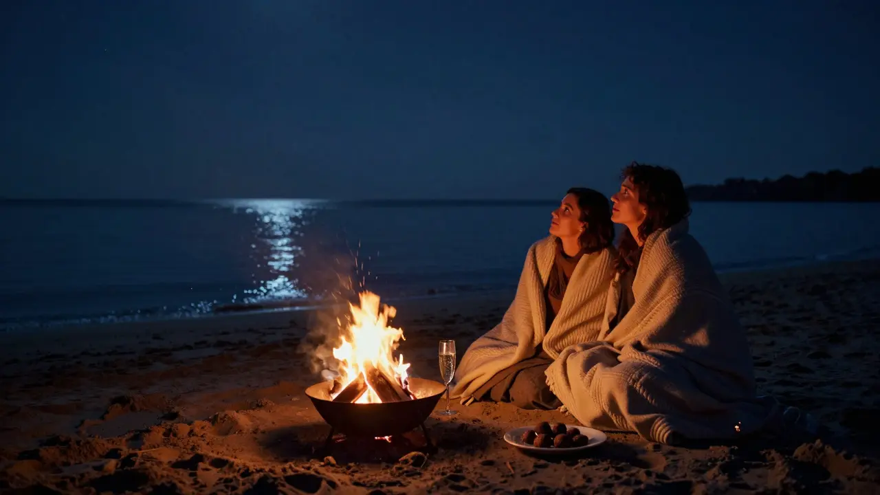 A couple wrapped in blankets by a private beach bonfire under a starry Mediterranean sky.