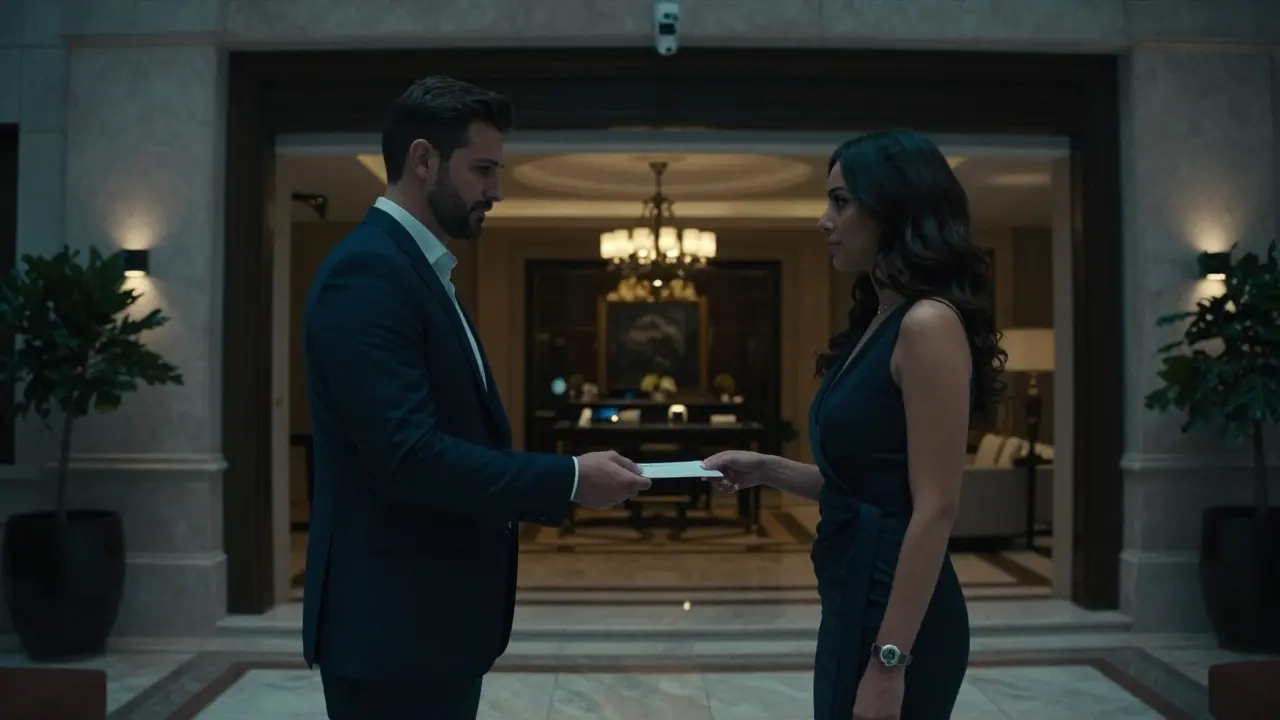 A discreet handoff of a payment receipt outside a luxury hotel suite in Dubai, conveying professionalism and boundaries.