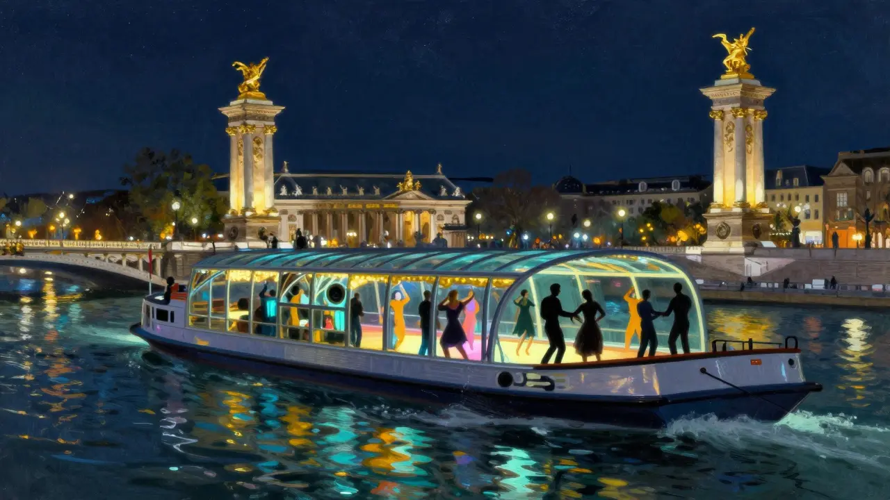 A glowing boat dance floor under a starry sky, silhouettes moving to music beneath the illuminated Pont Alexandre III.