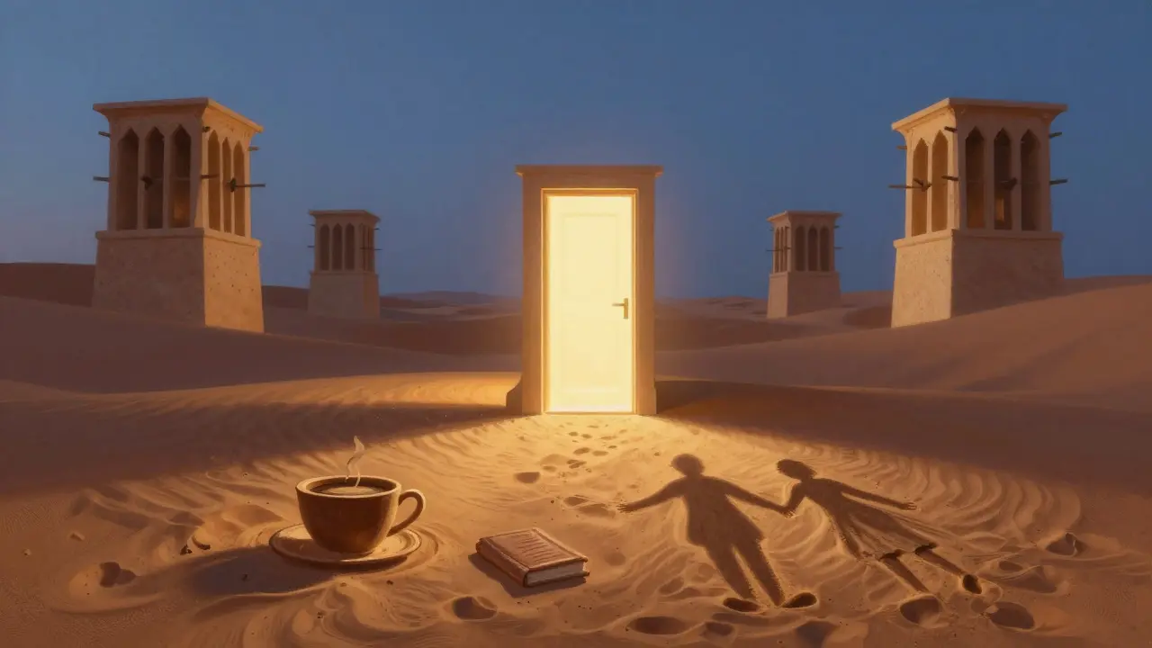 A glowing door in the desert symbolizing authentic connection, framed by traditional architecture and warm light.