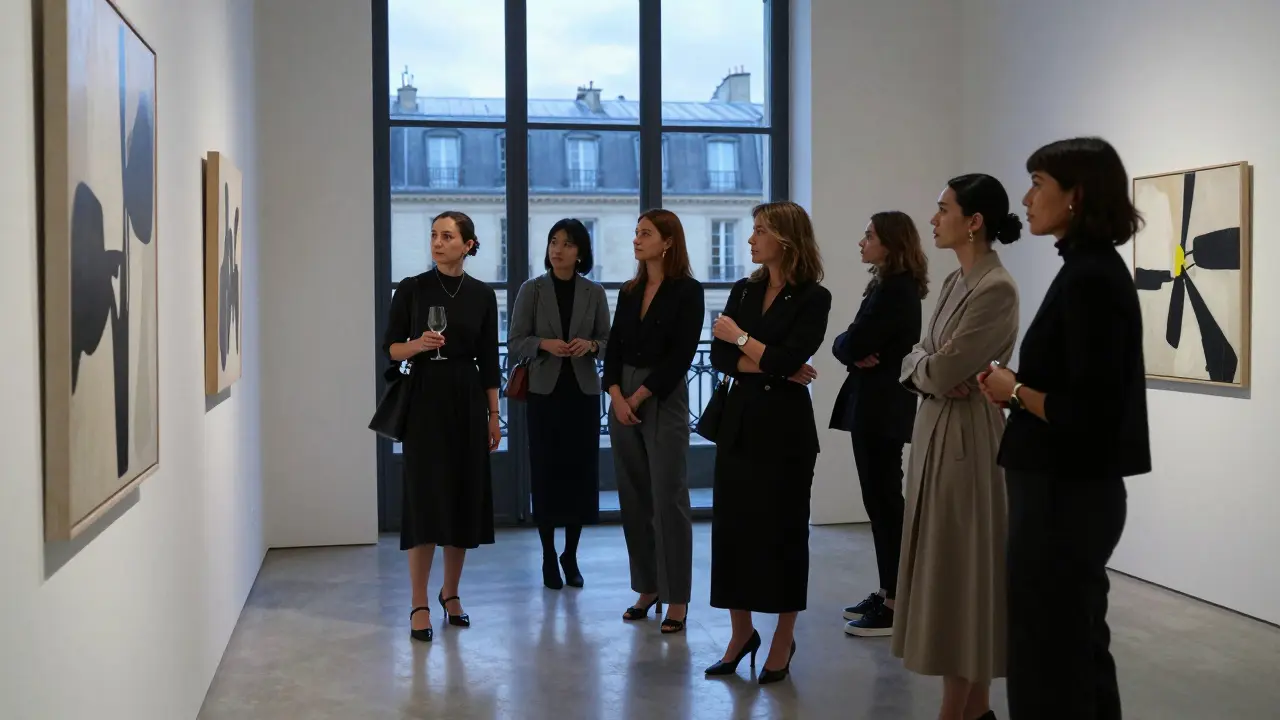 A group of elegant women admire modern art in a Paris gallery, bathed in twilight through tall windows.