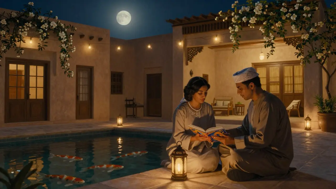 A guest and escort sharing a peaceful moment in a private villa courtyard, illuminated by lanterns at night.