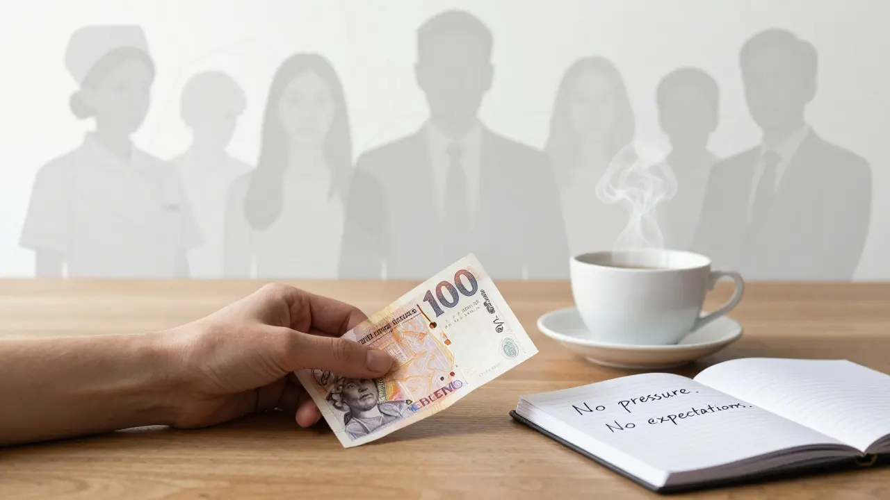 A hand holding cash beside a teacup and notebook with handwritten words, faint silhouettes of diverse people in background.