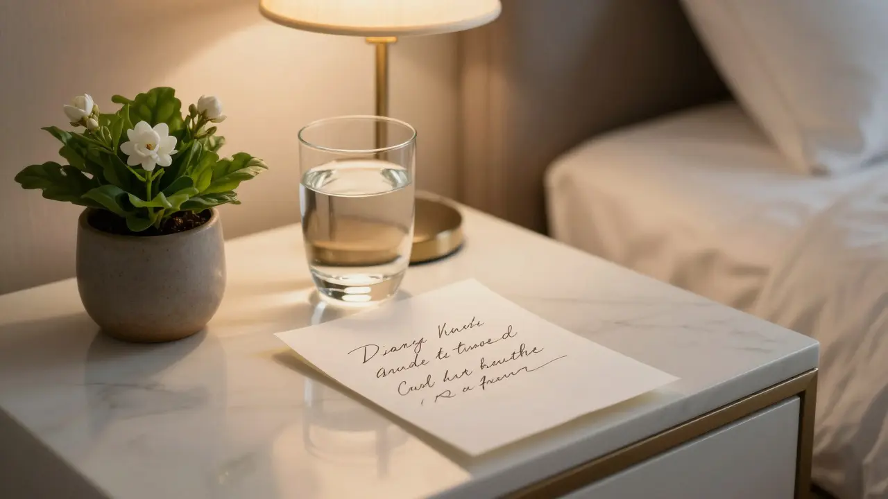 A handwritten note on a nightstand beside a jasmine plant in a luxurious hotel room.