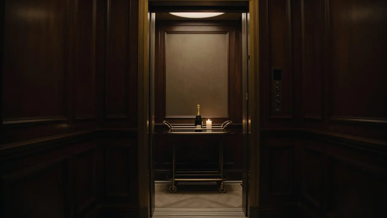 A hidden service elevator with a champagne cart waiting silently in a dimly lit hotel corridor.